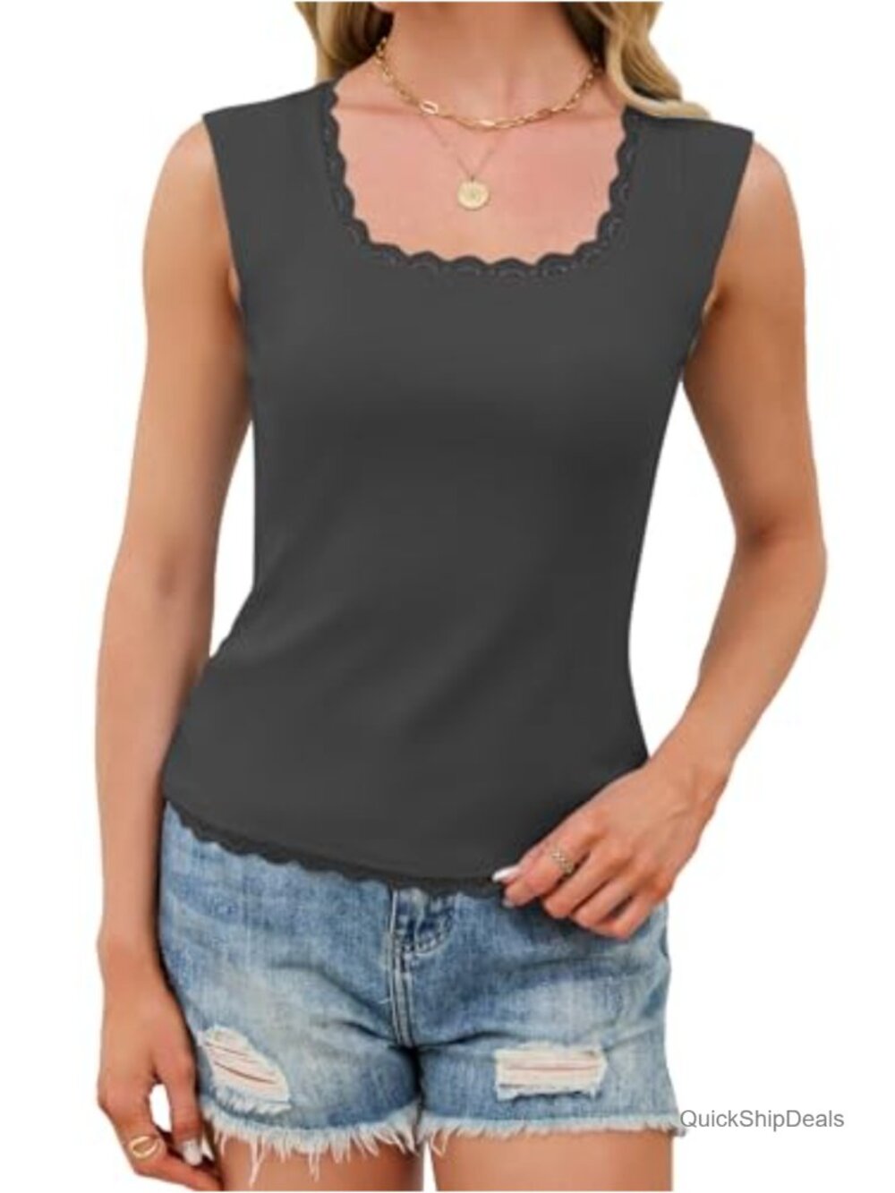 Lace Trim Square Neck Cap Sleeve Ribbed Knit Camisole Tank Top